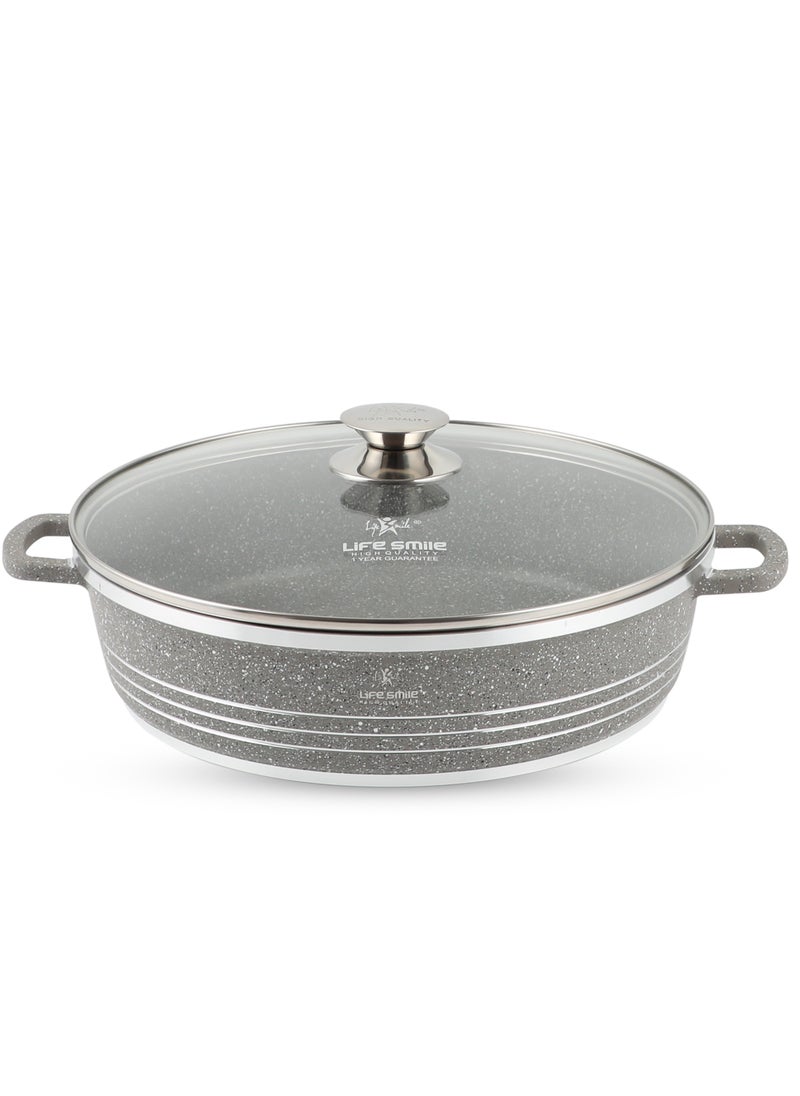Life Smile 36cm (7.8 Liter) LIFE SMILE Shallow Pot with Lid | Non Stick PFOA FREE Granite Coating Frying Pan | Oven Safe | Dishwasher Safe | Double Handle (36 CM (Grey)  - Image 1