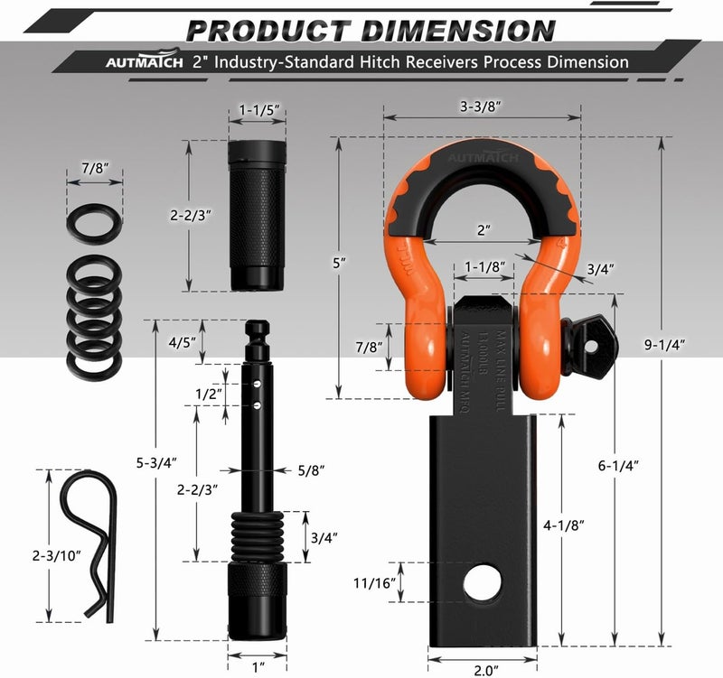 AUTMATCH Shackle Hitch Receiver 2 Inch - 3/4" D Ring Shackle and 5/8" Trailer Hitch Lock Pin, 45,000 Lbs Break Strength Heavy Duty Receiver Towing Kit for Off-Road Vehicle Recovery, Black & Orange - Image 3