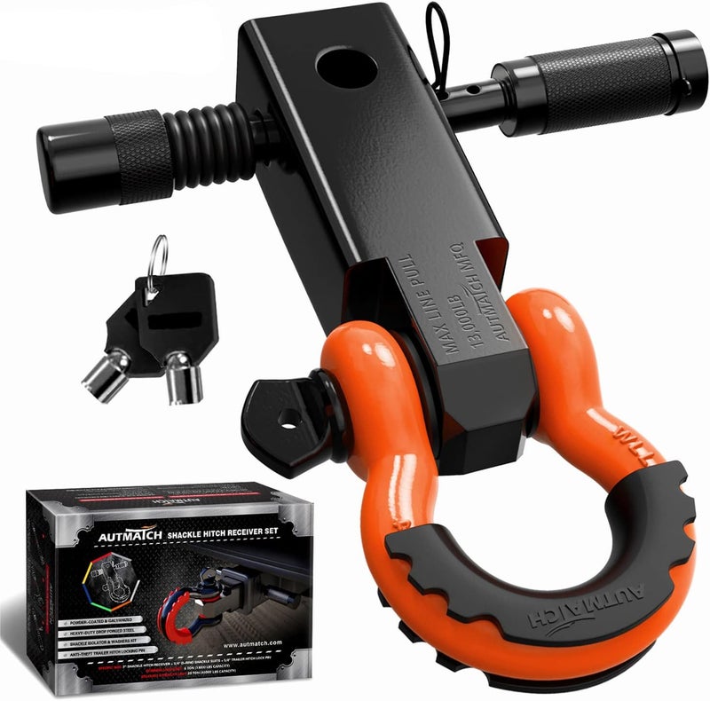 AUTMATCH Shackle Hitch Receiver 2 Inch - 3/4" D Ring Shackle and 5/8" Trailer Hitch Lock Pin, 45,000 Lbs Break Strength Heavy Duty Receiver Towing Kit for Off-Road Vehicle Recovery, Black & Orange - Image 1