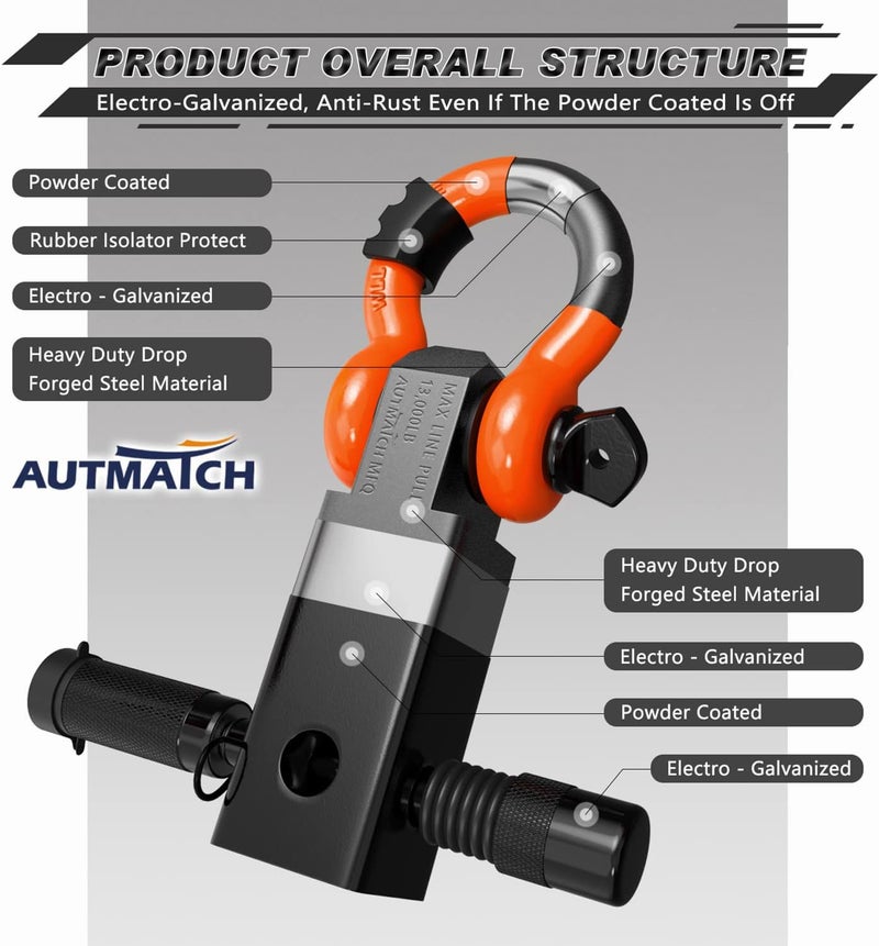 AUTMATCH Shackle Hitch Receiver 2 Inch - 3/4" D Ring Shackle and 5/8" Trailer Hitch Lock Pin, 45,000 Lbs Break Strength Heavy Duty Receiver Towing Kit for Off-Road Vehicle Recovery, Black & Orange - Image 4
