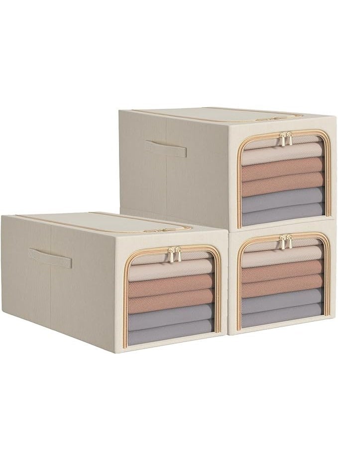 Foldable Fabric Storage Box with Lid, Zipper, Clear Window and Handles, Clothes Organiser for Blankets and Bedding, (53x35x30 cm), Beige - Image 1