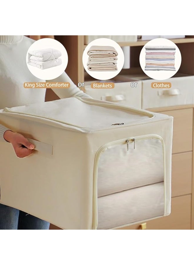 Foldable Fabric Storage Box with Lid, Zipper, Clear Window and Handles, Clothes Organiser for Blankets and Bedding, (53x35x30 cm), Beige - Image 3