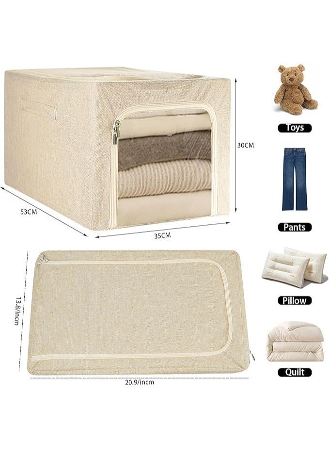 Foldable Fabric Storage Box with Lid, Zipper, Clear Window and Handles, Clothes Organiser for Blankets and Bedding, (53x35x30 cm), Beige - Image 2