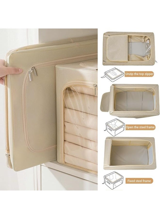 Foldable Fabric Storage Box with Lid, Zipper, Clear Window and Handles, Clothes Organiser for Blankets and Bedding, (53x35x30 cm), Beige - Image 4