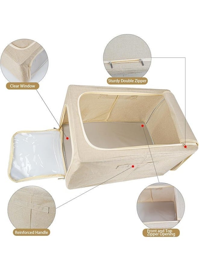 Foldable Fabric Storage Box with Lid, Zipper, Clear Window and Handles, Clothes Organiser for Blankets and Bedding, (53x35x30 cm), Beige - Image 5