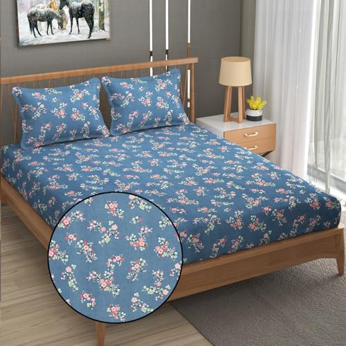 FRESH FROM LOOM Anti Fade Floral Print 240 TC Microfiber King Size Bedsheet with 2 Pillow Covers (Size- 90 x 95 Inch | Greyish-Blue) - Image 1
