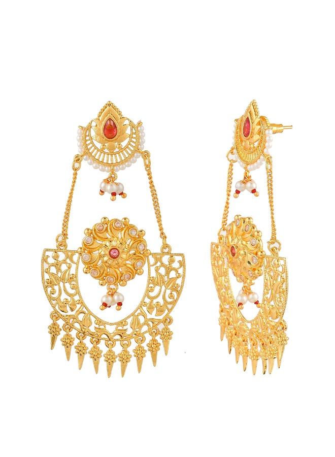VOYLLA Abharan Red Stones and Pearls Opulent Drop Earrings - Image 3