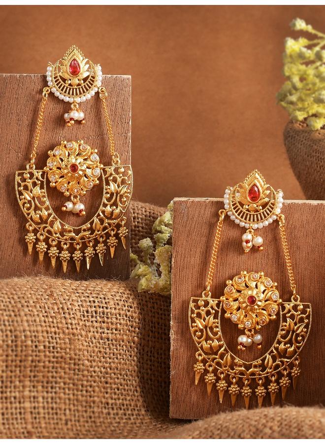 VOYLLA Abharan Red Stones and Pearls Opulent Drop Earrings - Image 1