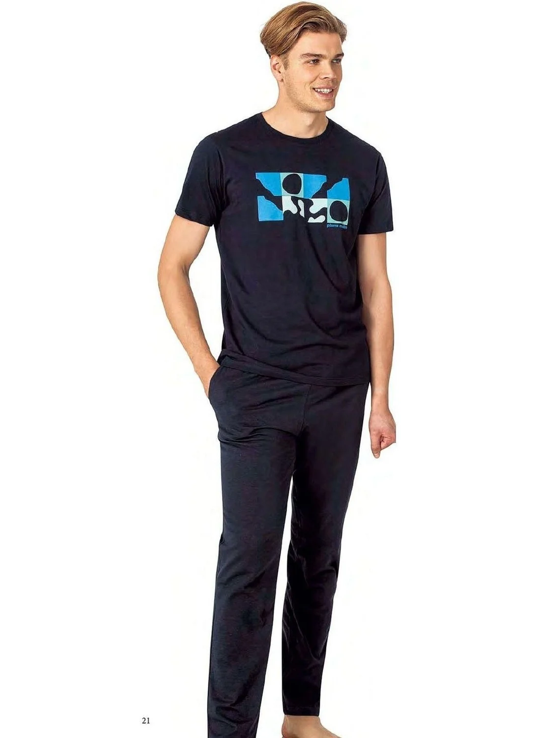 بيير كاردان 6076 Men's Short Sleeve Crew Neck Pajama Set-Navy Blue