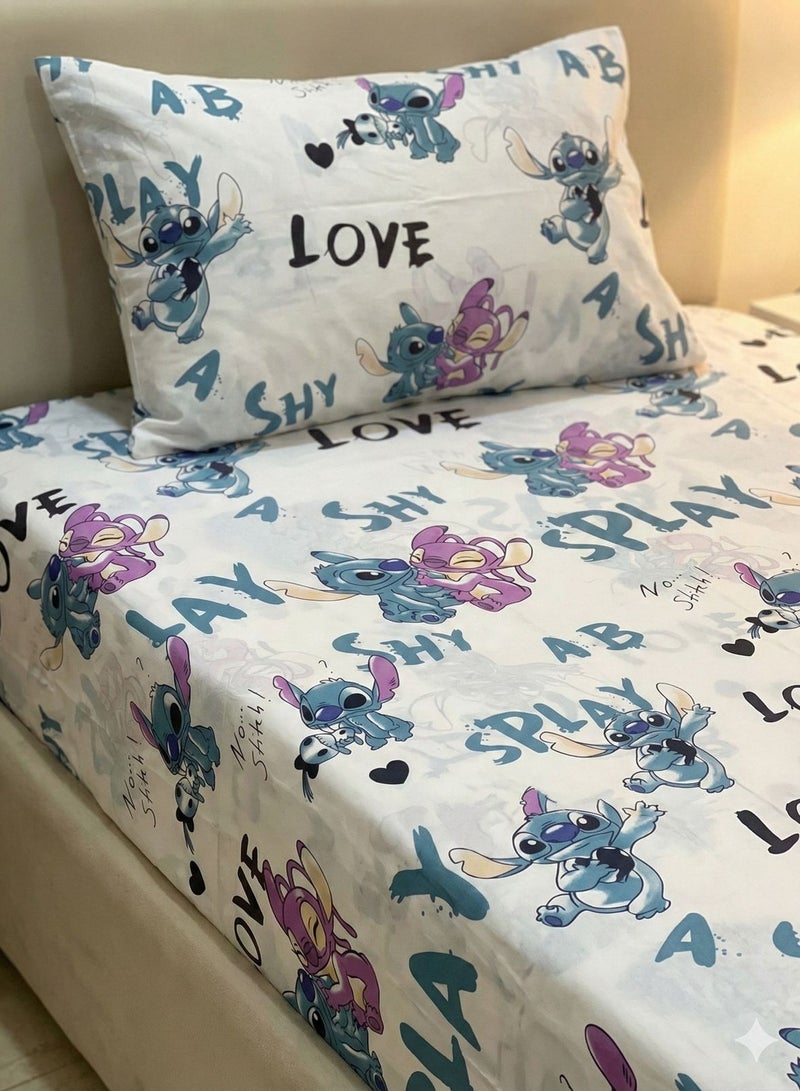 Yarlin-Bed Set (Kids-Fitted Bedsheet for 120 cm beds and Small Pillowcase (Stitch 2) Design