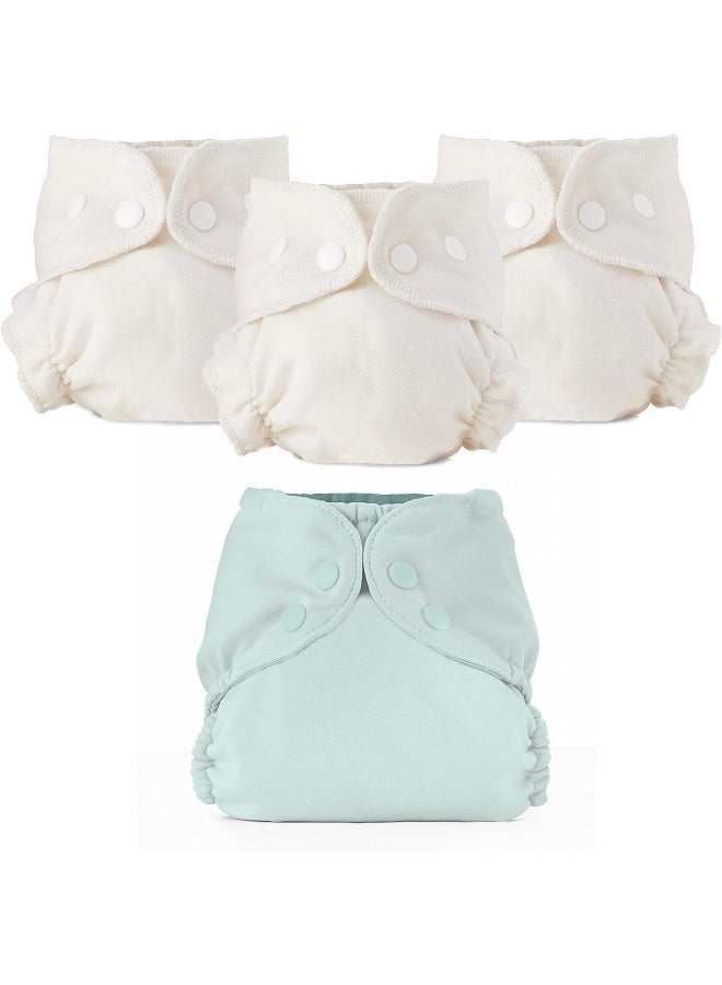 اسمبلي Cloth Diaper Bundle Set, 3 Organic Absorbent Inners and 1 Waterproof Diaper Cover, Blowout-Proof Reusable Washable Diapers with Snap Closure, Size 2 (18-35lbs), Mist - Image 1