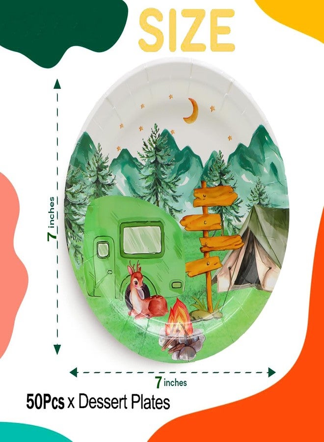 HSPAIDYP 50Pcs Camping Party Supplies Camping Party Paper Plates,7"Happy Camper Dessert Plates for Camping Adventure Themed Woodland Baby Shower Forest Hiking Camp-Fire Camping Birthday Party Decorations - Image 3