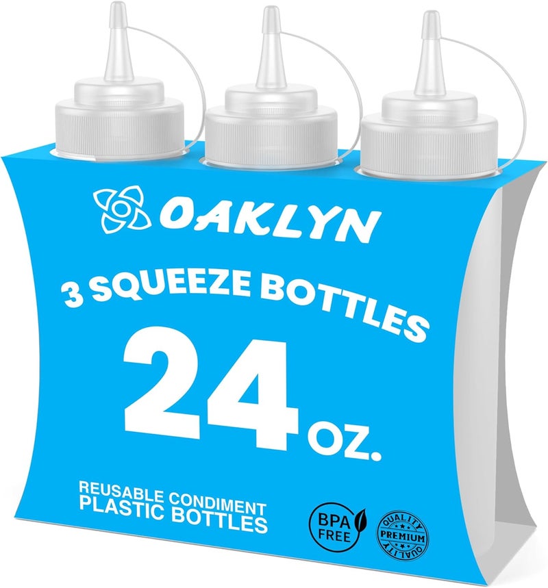 Oaklyn 24oz 3 Pack Plastic Bottles with Squeeze Top for Ketchup and Mustard - BPA-Free and Reusable Condiment Bottles for Sauces - Plastic Squeeze Bottles with Nozzle - Image 1