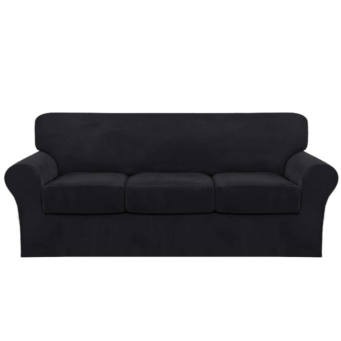4 PIECE SOFA VELVET COUCH COVERS FOR 3 CUSHION STRETCH SLIPCOVER WITH INDIVIDUAL SEAT CUSHION ELASTIC FURNITURE PROTECTOR FOR PETS MACHINE WASHABLE SOFA BLACK