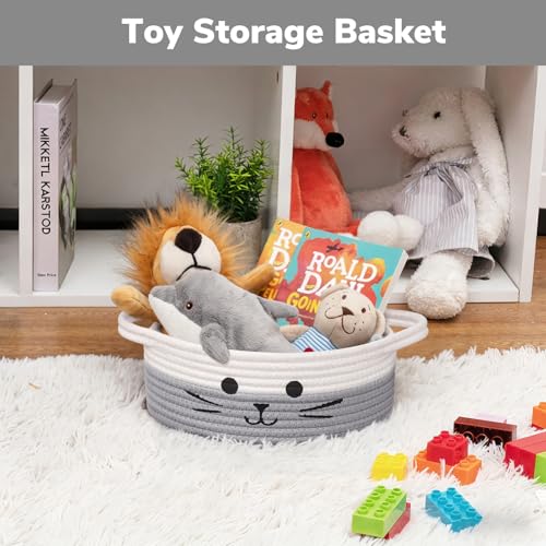 Hichen Cute Cat Toy Basket Gift Baskets Empty for Home Decor Baby Basket for Baby Shower Small Cotton Rope Baskets for Pets Toys White Grey 98 x 4 inches - Image 3