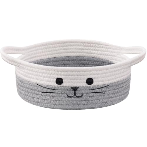 Hichen Cute Cat Toy Basket Gift Baskets Empty for Home Decor Baby Basket for Baby Shower Small Cotton Rope Baskets for Pets Toys White Grey 98 x 4 inches - Image 1