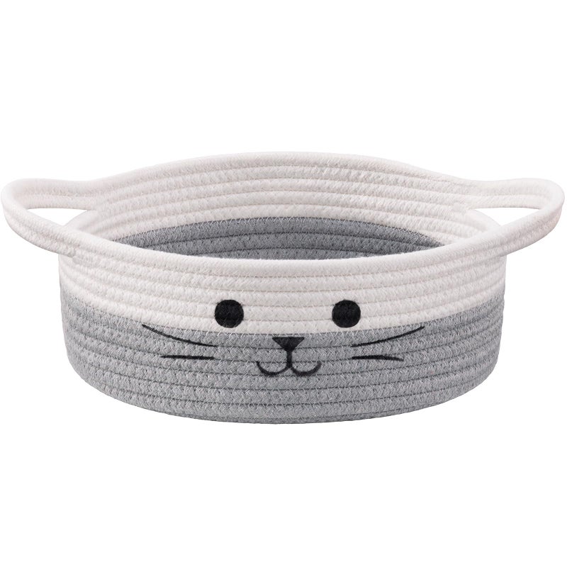 Hichen Cute Cat Toy Basket Gift Baskets Empty for Home Decor Baby Basket for Baby Shower Small Cotton Rope Baskets for Pets Toys White Grey 98 x 4 inches - Image 2