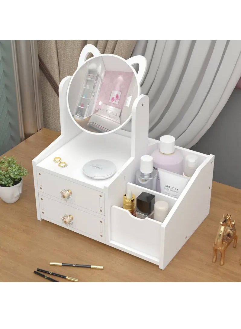 Cat Ears Makeup Mirror Desktop Cosmetics Organizer Wood Plastic Drawer Type Cosmetic Storage Box Women's Dressing Mirror Shelf - Image 1