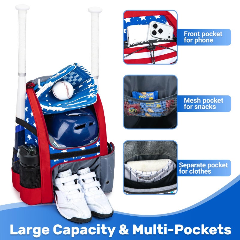 KAVIGOR Youth Baseball Bag, Softball Bag for Girls & Boys, Kids Tball Backpack with Shoes Compartment - Image 3