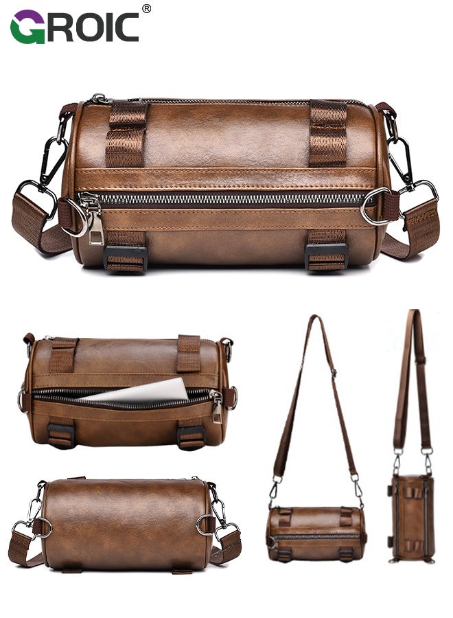 GROIC Leather Cylinder Crossbody Bag, Vintage Style Adjustable Strap Shoulder Bag for Men, Sling Crossbody Shoulder Bag for Men Travel Work - Image 1