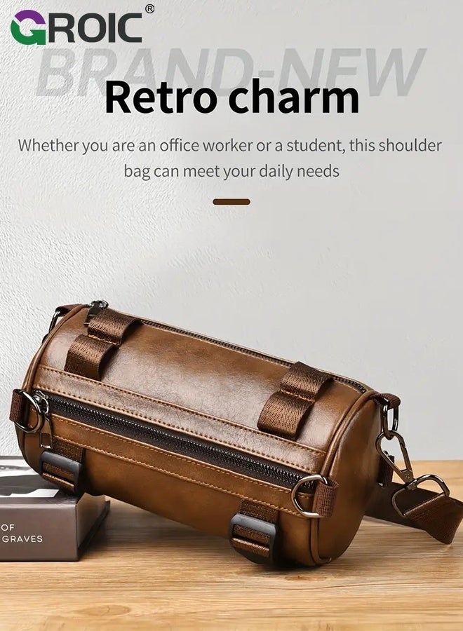 GROIC Leather Cylinder Crossbody Bag, Vintage Style Adjustable Strap Shoulder Bag for Men, Sling Crossbody Shoulder Bag for Men Travel Work - Image 2