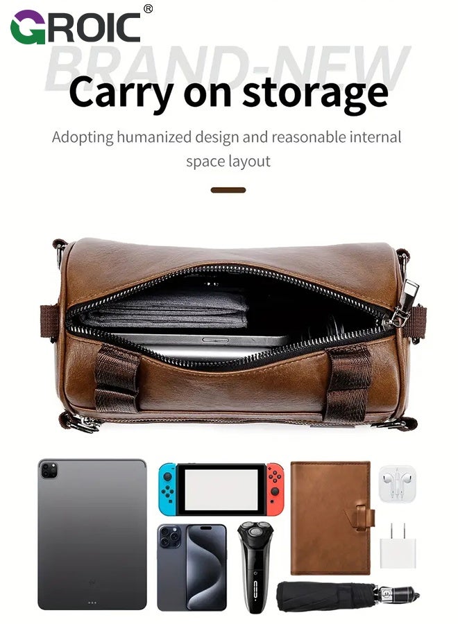 GROIC Leather Cylinder Crossbody Bag, Vintage Style Adjustable Strap Shoulder Bag for Men, Sling Crossbody Shoulder Bag for Men Travel Work - Image 5