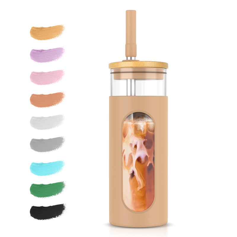 Tronco 20oz Glass Tumbler with Bamboo Lid and Straw Glass Cup For BobaIced CoffeeSmoothie Spill Proof Glass Water Bottle With Silicone Protective Sleeve Dishwasher SafeBPA Free