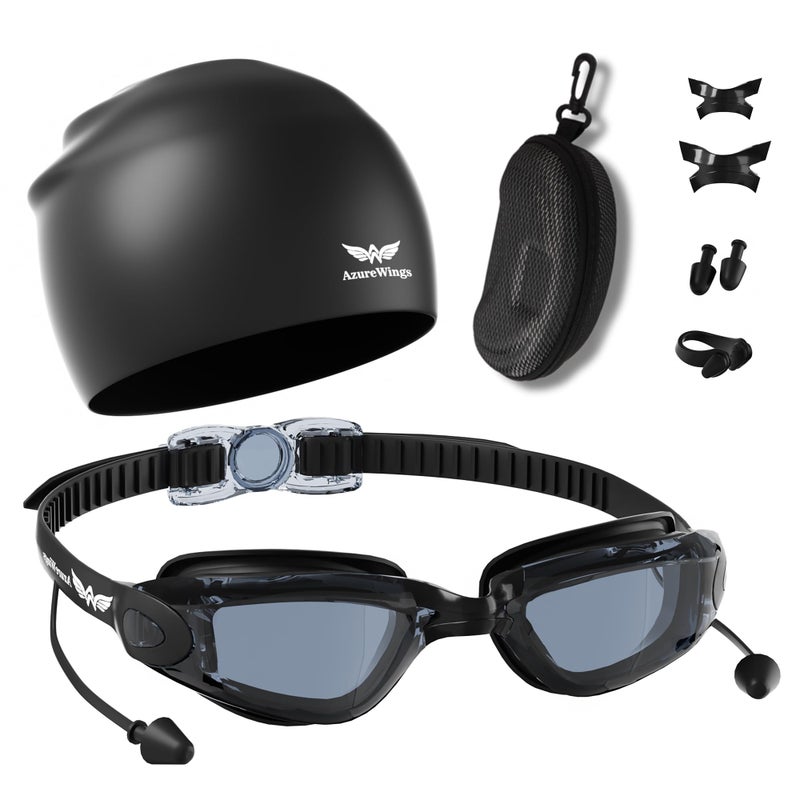 AzureWings Swim Goggles + Swim Cap for Men Women,Swimming goggles No Leak Anti-Fog & UV, HD Mirror PC Lens, Wide Vision for Competitive Racing & Swimmingï¼ˆ6 in 1ï¼‰ - Image 1