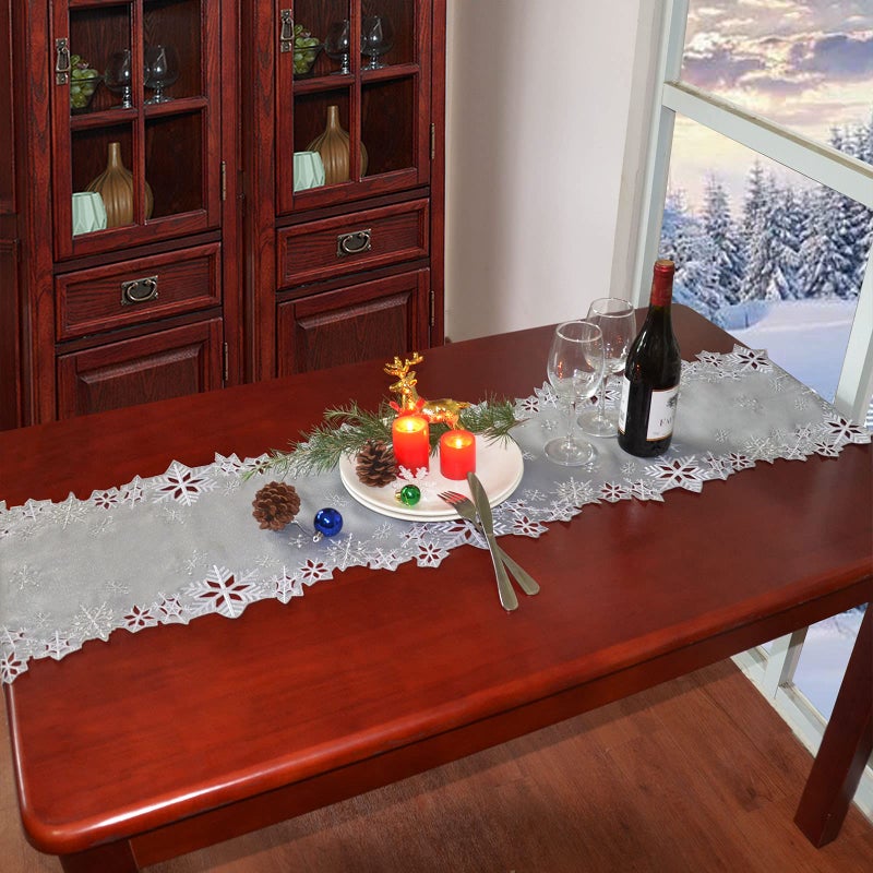 Simhomsen Embroidered Silver Snowflakes Table Runners for Christmas Holiday and Winter (Silver, 14Ã—90 inches) - Image 5