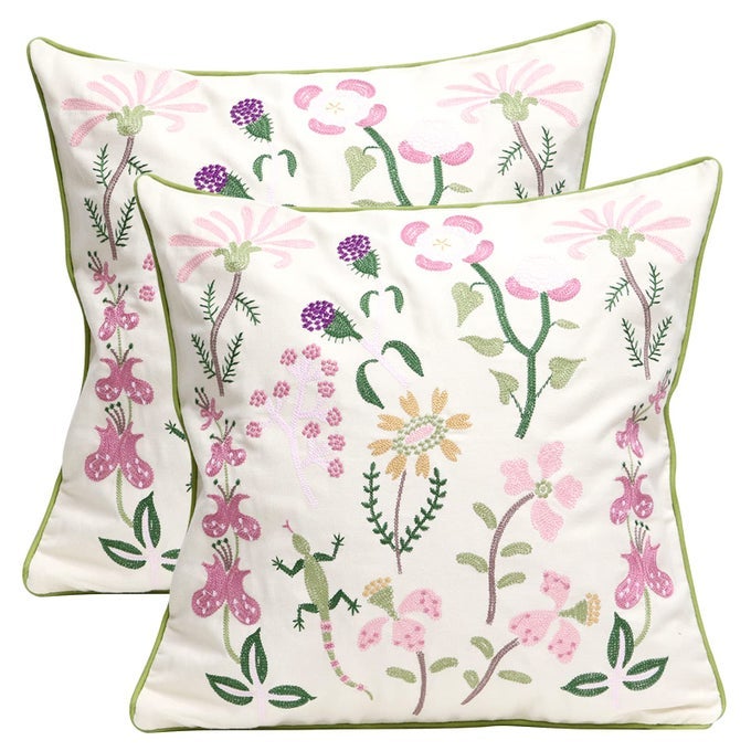SET OF 2 EMBROIDERED DECORATIVE THROW PILLOW COVERS COUCH SQUARE PILLOWCASES CUSHION FOR BEDROOM SOFA FARMHOUSE DECOR 18X18 INCH GECKO FLOWER