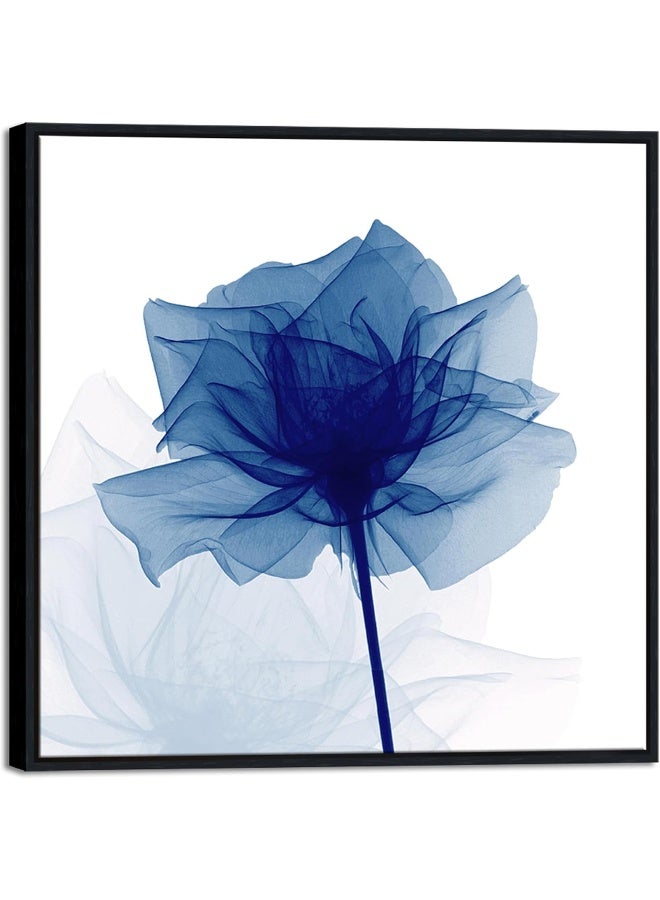 Pyradecor Large Black Framed Blue Flickering Flower Modern Abstract Paintings Canvas Wall Art - Image 1