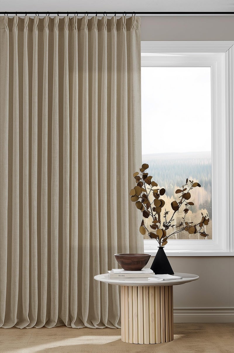 TWODRAPES Extra Long Pinch Pleated Linen 108 Inch Curtains 2 Panels Set for Living Room Bedroom Farmhouse Tan Brown Cotton Flax Back Tab Memory Shape Pinch Pleat Ceiling Floor Window Curtains 9 FT Grey Beige - Image 1
