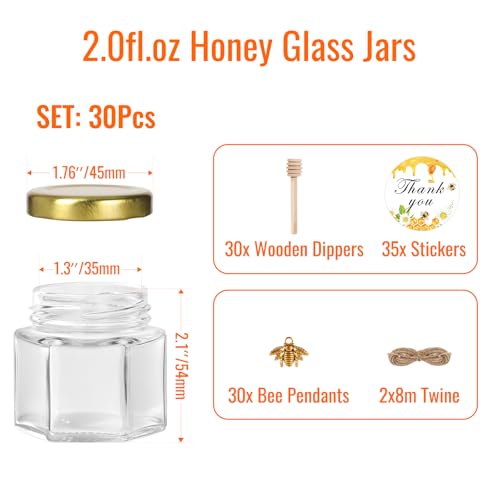 BIGIVACA 2 oz Hexagon Mini Glass Honey Jars with Wood Dippers,30 Pack Small Honey Jars with Gold Lids,Bee Pendants,Jutes,35 Bee Stickers,Perfect for Baby Shower,Wedding Favors,Party Favors - Image 2