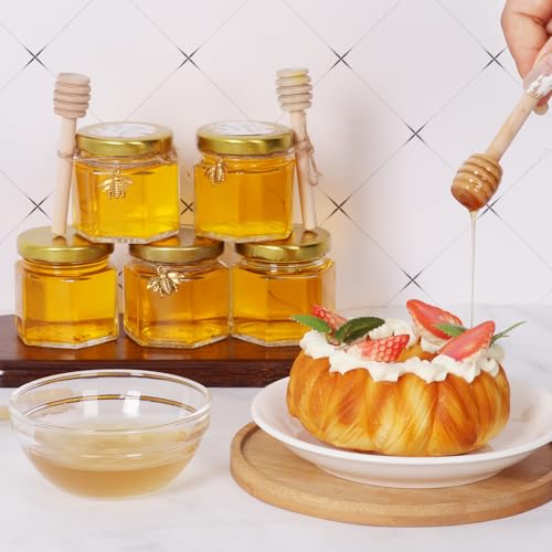 BIGIVACA 2 oz Hexagon Mini Glass Honey Jars with Wood Dippers,30 Pack Small Honey Jars with Gold Lids,Bee Pendants,Jutes,35 Bee Stickers,Perfect for Baby Shower,Wedding Favors,Party Favors - Image 4