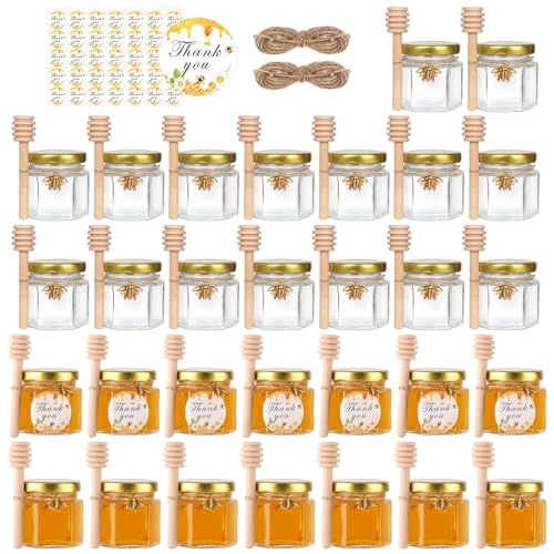 BIGIVACA 2 oz Hexagon Mini Glass Honey Jars with Wood Dippers,30 Pack Small Honey Jars with Gold Lids,Bee Pendants,Jutes,35 Bee Stickers,Perfect for Baby Shower,Wedding Favors,Party Favors - Image 1