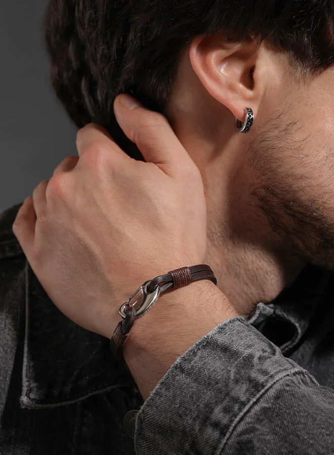POLICE Wishbone Leather Bracelet Double Row Brown Leather with Hook Closure