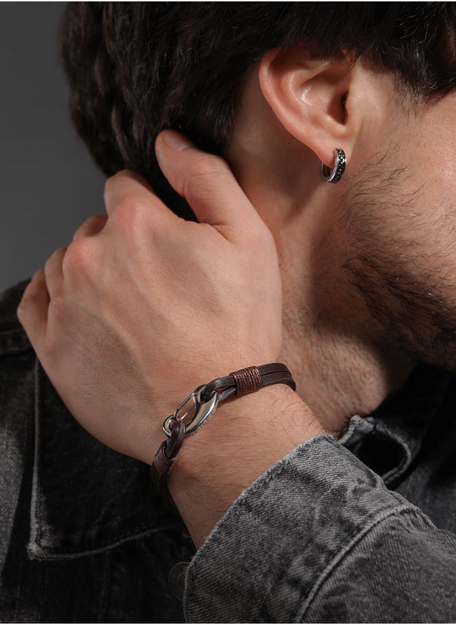 POLICE Wishbone Leather Bracelet Double Row Brown Leather with Hook Closure  - Image 4