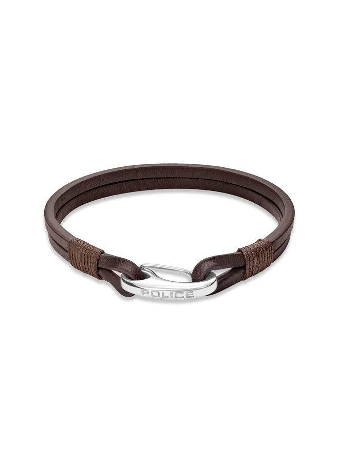 POLICE Wishbone Leather Bracelet Double Row Brown Leather with Hook Closure