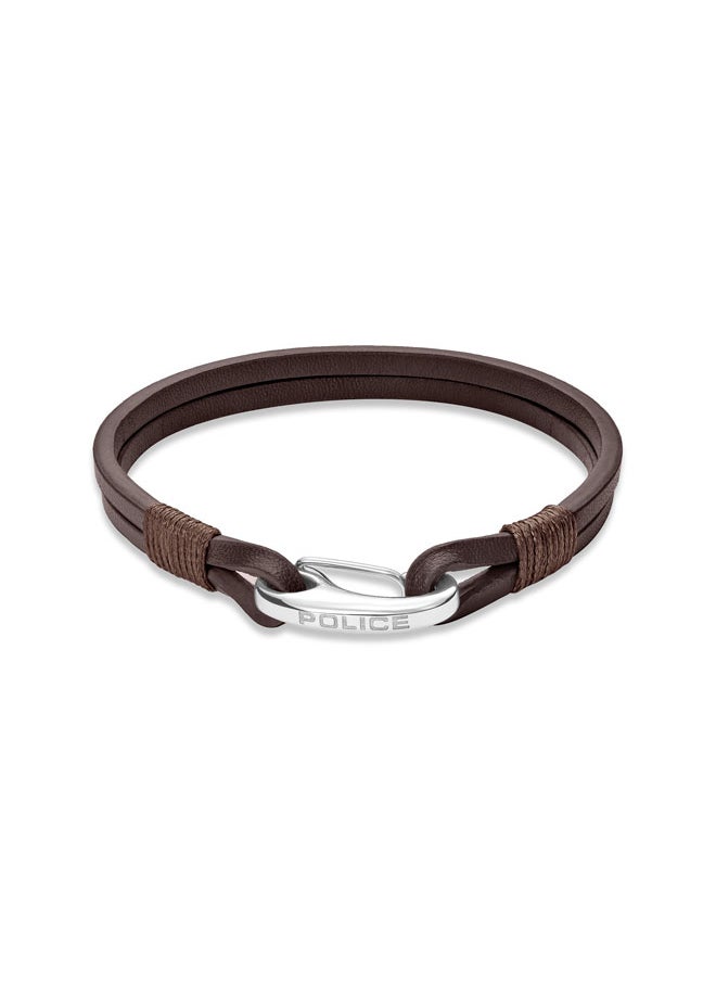 POLICE Wishbone Leather Bracelet Double Row Brown Leather with Hook Closure  - Image 1