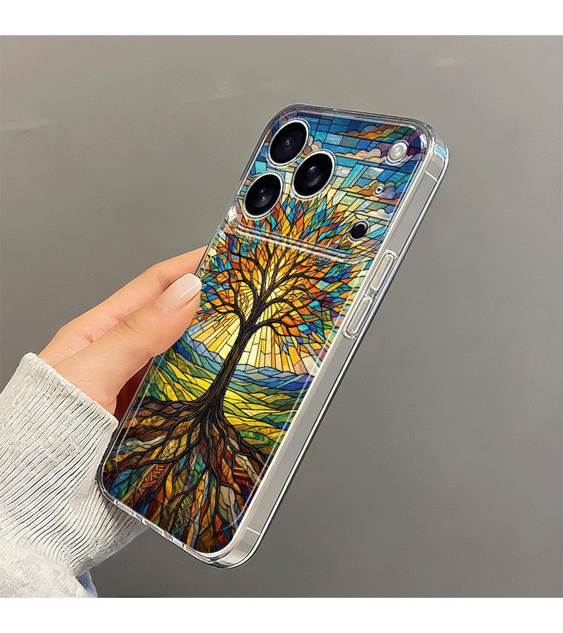 غلاف هاتف بألوان مختلطة لـ iPhone 14 Plus بتصميم شجرة الحياة من الزجاج الملون، حماية مقاومة للصدمات وتغطية كاملة، حماية مضادة للسقوط - Image 5