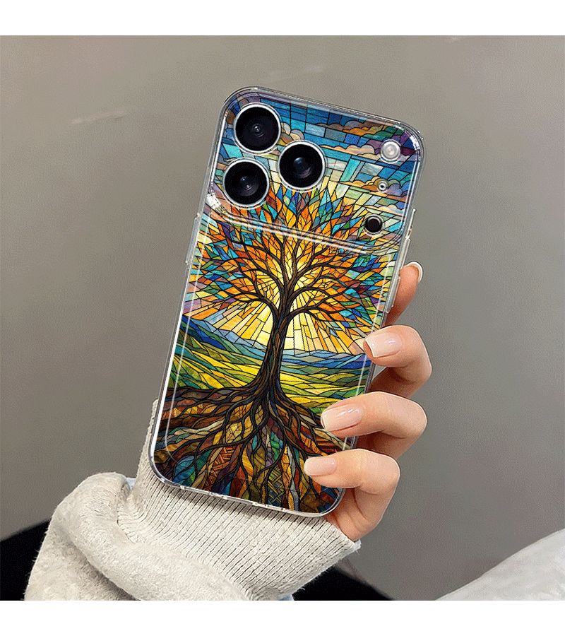 غلاف هاتف بألوان مختلطة لـ iPhone 14 Plus بتصميم شجرة الحياة من الزجاج الملون، حماية مقاومة للصدمات وتغطية كاملة، حماية مضادة للسقوط - Image 3