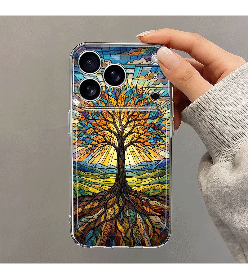 غلاف هاتف بألوان مختلطة لـ iPhone 14 Plus بتصميم شجرة الحياة من الزجاج الملون، حماية مقاومة للصدمات وتغطية كاملة، حماية مضادة للسقوط - Image 1