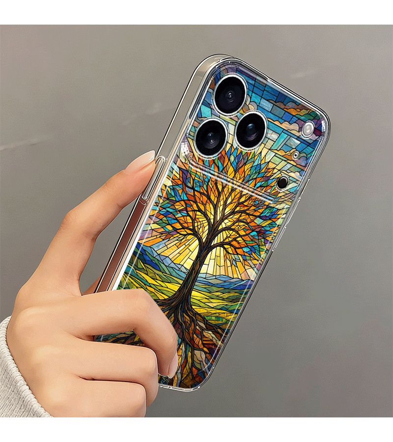 غلاف هاتف بألوان مختلطة لـ iPhone 14 Plus بتصميم شجرة الحياة من الزجاج الملون، حماية مقاومة للصدمات وتغطية كاملة، حماية مضادة للسقوط - Image 4