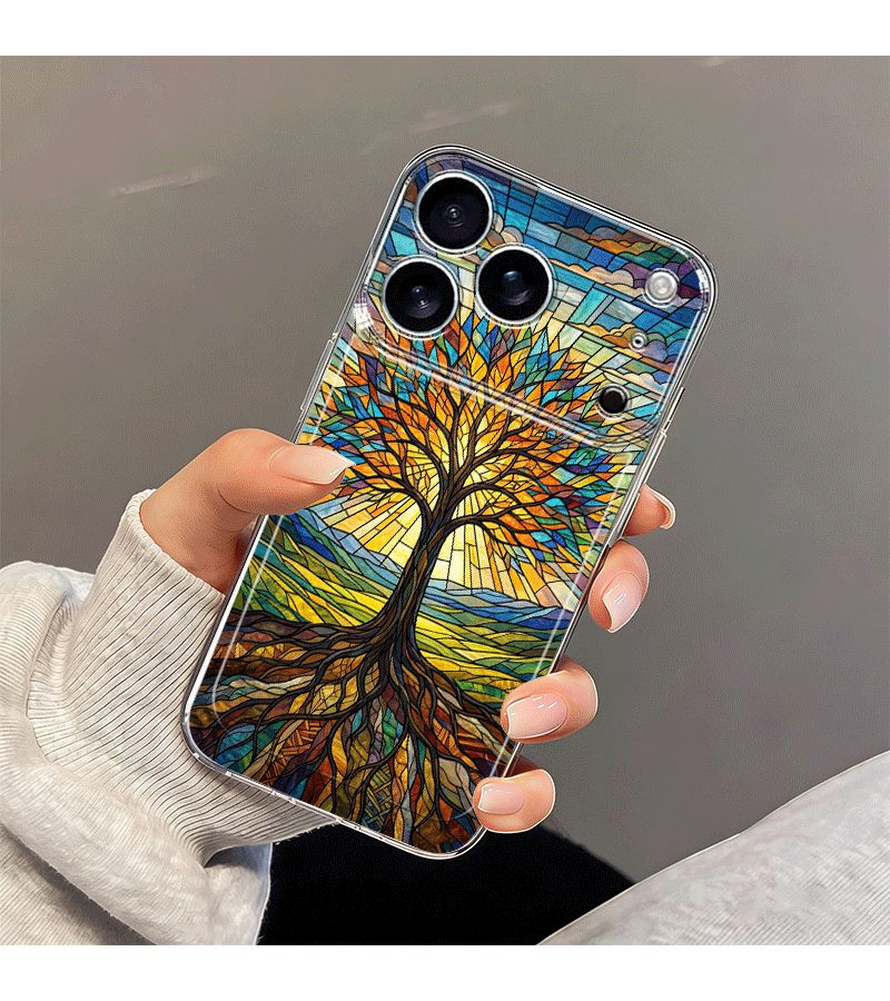 غلاف هاتف بألوان مختلطة لـ iPhone 14 Plus بتصميم شجرة الحياة من الزجاج الملون، حماية مقاومة للصدمات وتغطية كاملة، حماية مضادة للسقوط - Image 2
