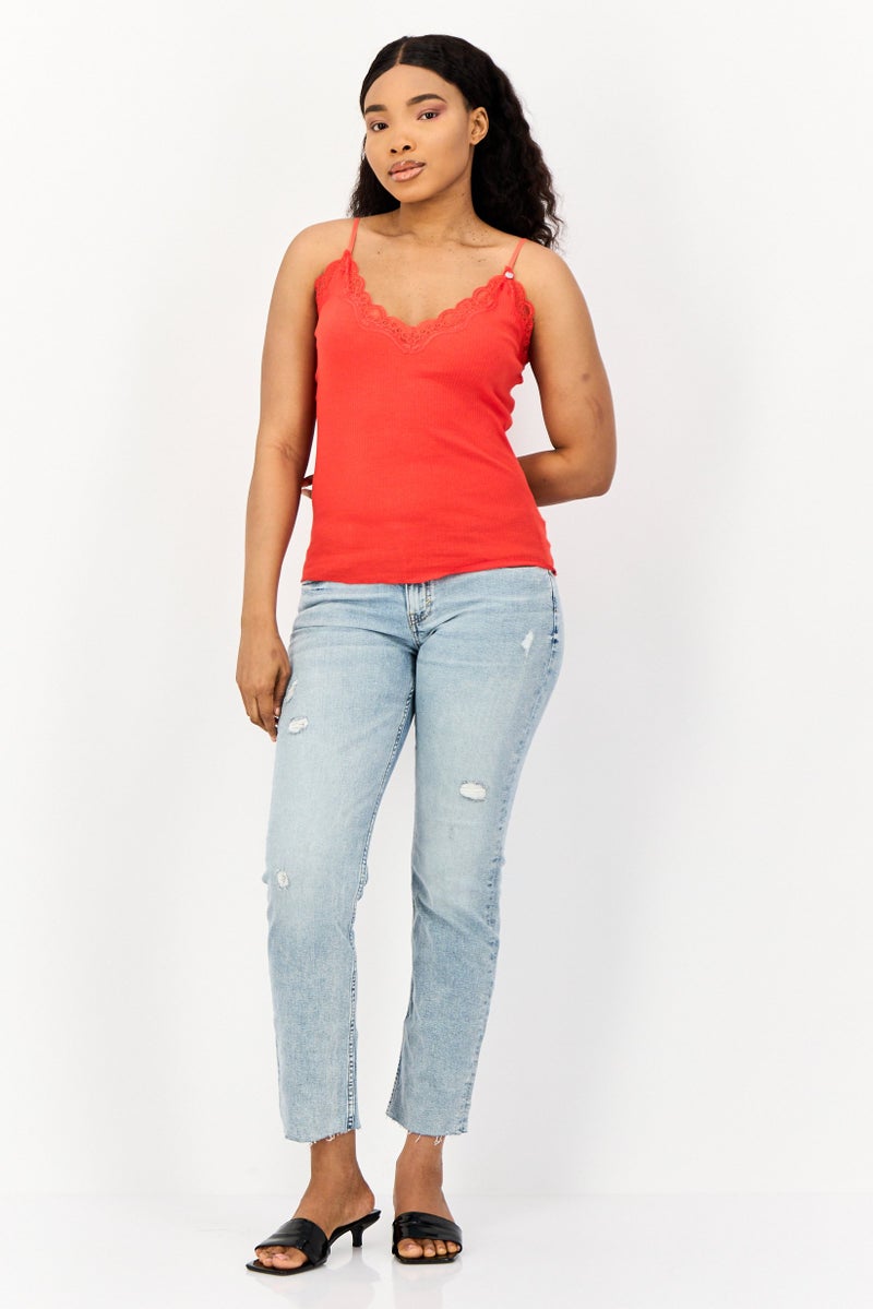 SALSA Women V Neck Ribbed Sleeveless Tank Top, Red  - Image 4