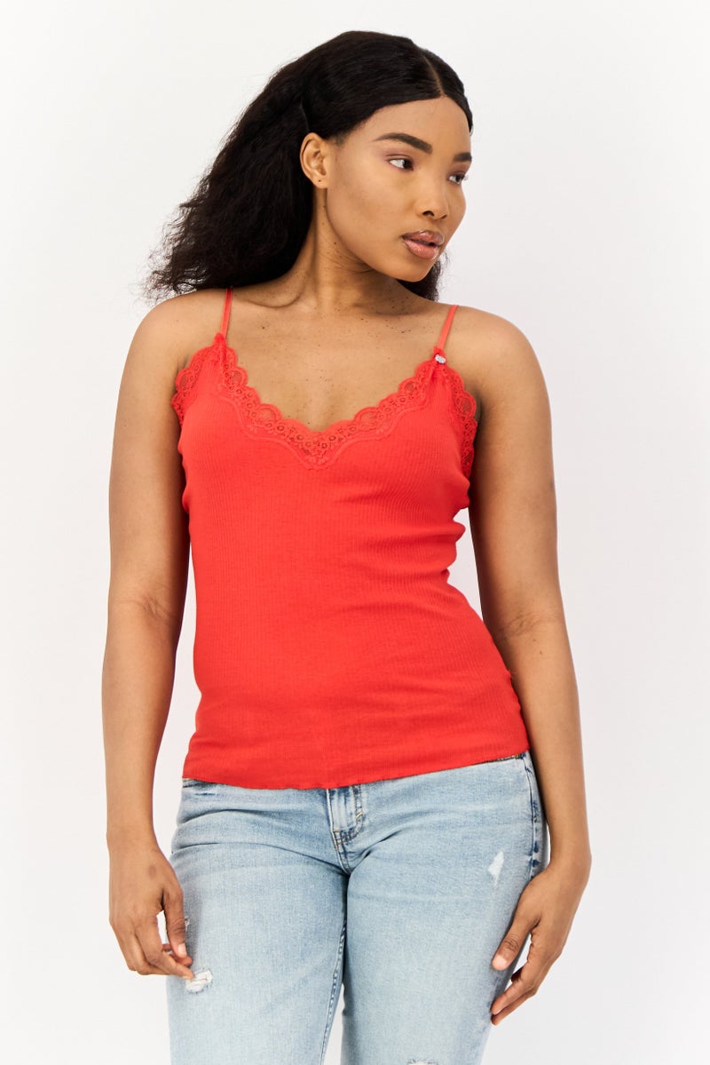 SALSA Women V Neck Ribbed Sleeveless Tank Top, Red  - Image 1