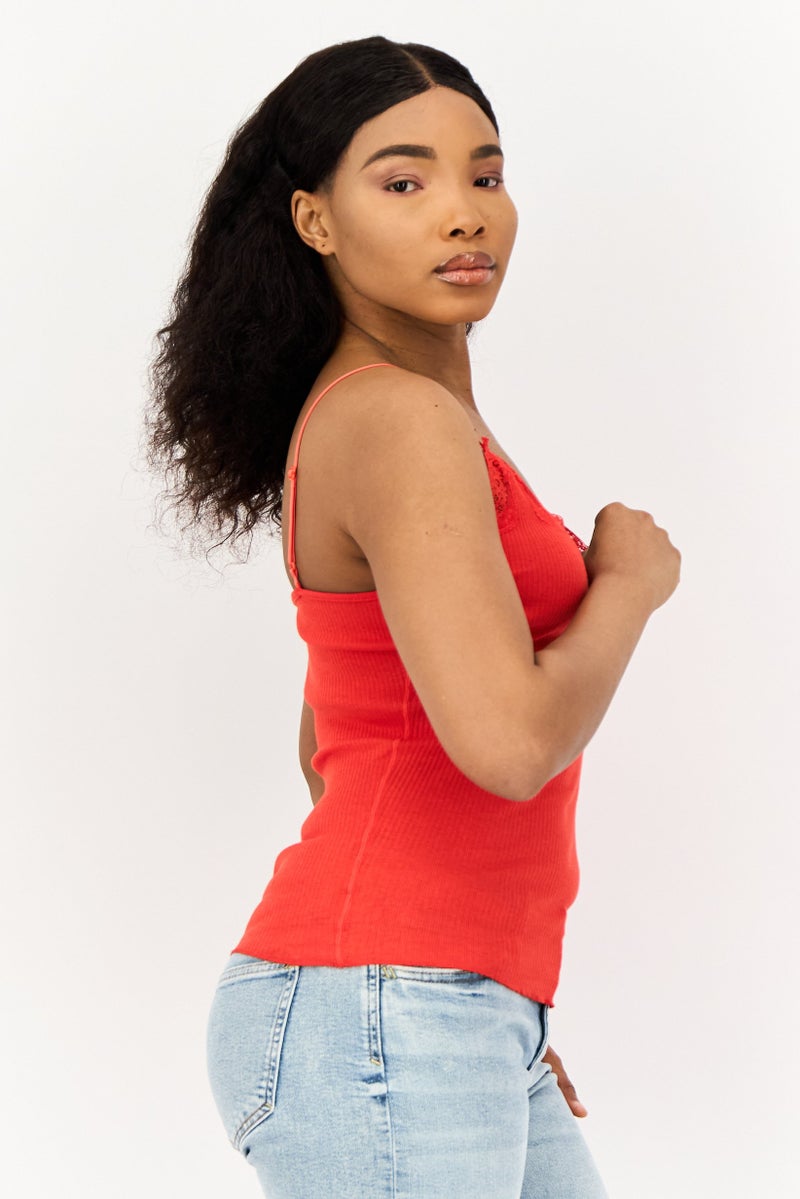 SALSA Women V Neck Ribbed Sleeveless Tank Top, Red  - Image 3