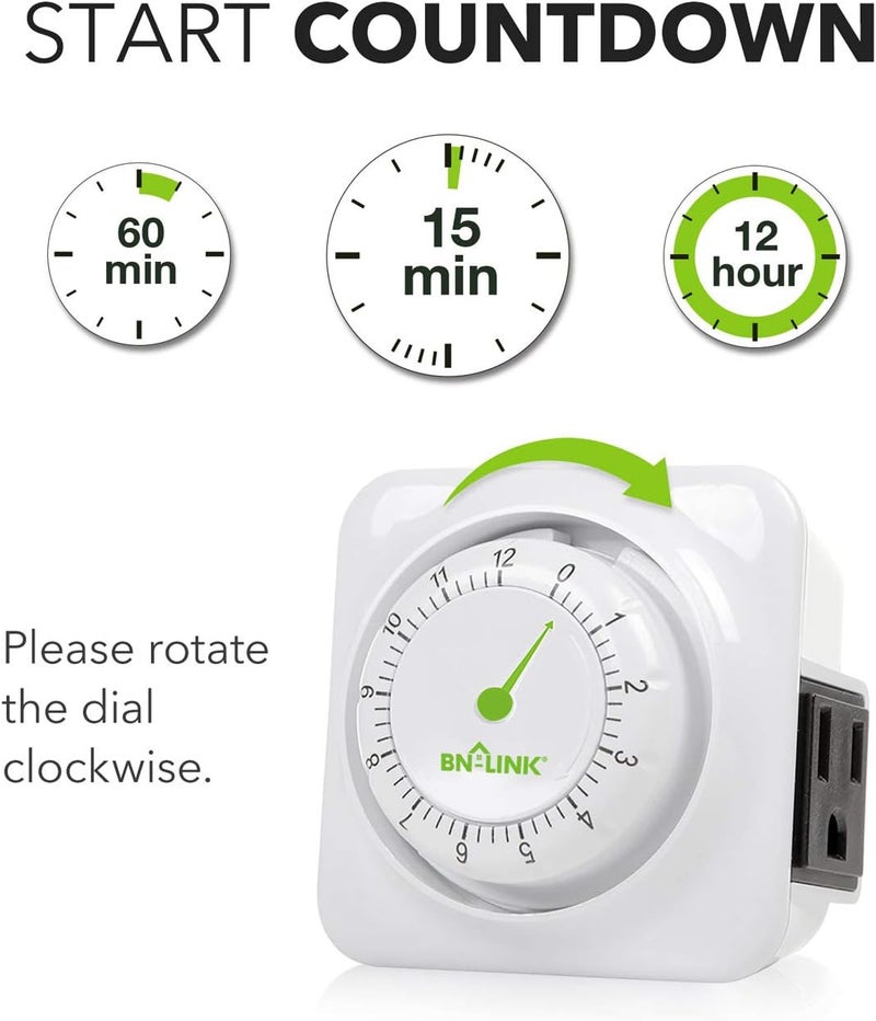 BN-LINK 12 Hour Indoor Mechanical Accurate Countdown Timer, 3-Prong Grounded Outlet, 15 Minute Increments, Energy Saving for Kitchen, Phone Charger, Lamps, Holiday Decoration 1875W, 1/2 HP, ETL Listed - Image 4