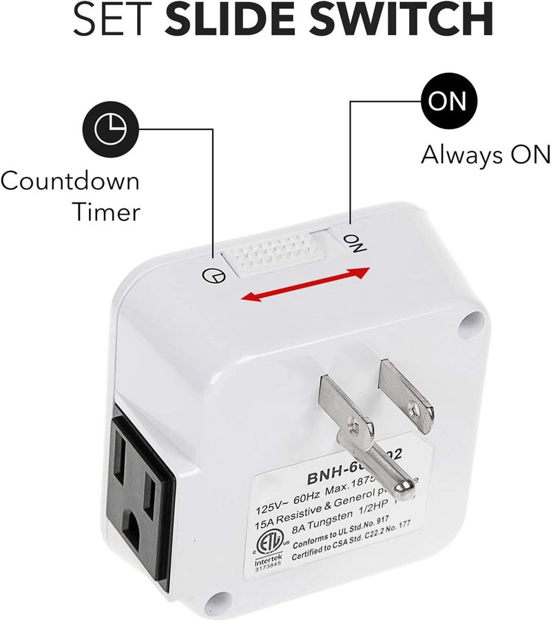 BN-LINK 12 Hour Indoor Mechanical Accurate Countdown Timer, 3-Prong Grounded Outlet, 15 Minute Increments, Energy Saving for Kitchen, Phone Charger, Lamps, Holiday Decoration 1875W, 1/2 HP, ETL Listed - Image 3