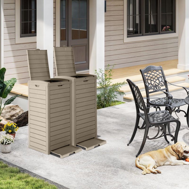 DWVO 38 Gallon Large Outdoor Trash Can, Waterproof Resin Hideaway Garbage Bin with Lid and Drip Tray, Outside Trash Bin for Porch, Backyard, Deck, Patio, Poolside, Easy to Clean, Taupe - Image 3